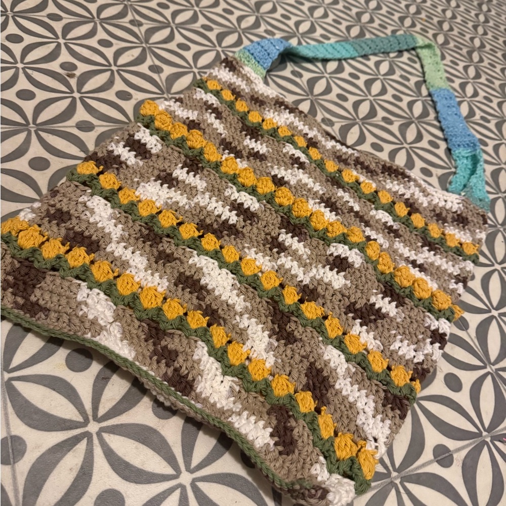 Crochet multi-color tote bag with yellow tulip accents handmade by me!